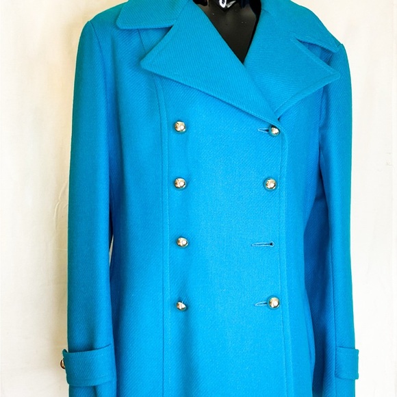 Vintage Jackets & Blazers - VINTAGE Teal Blue Peacoat | Double-Breasted Wool Coat Medium–Large
